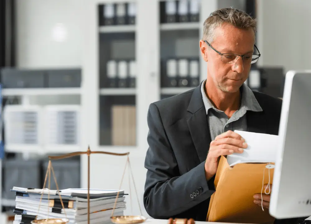 Experienced car accident lawyer reviewing case files and certifications.