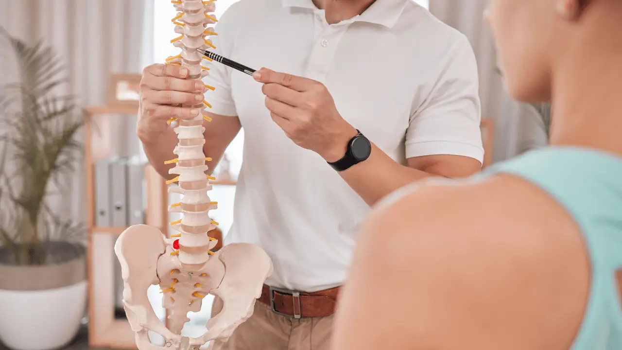 Medical illustration comparing a normal spinal disc, bulging disc, and herniated disc.